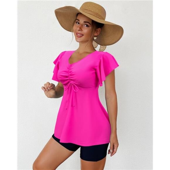 Ruffled Flowy Tankini with Boy Shorts – Tummy Control Two-Piece Swimsuit - Picture 2 of 7